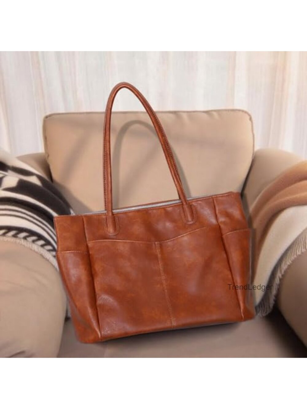 Large Vegan Leather Tote Bag for Women Work Travel Zipper Shoulder Bag - Picture 6 of 6